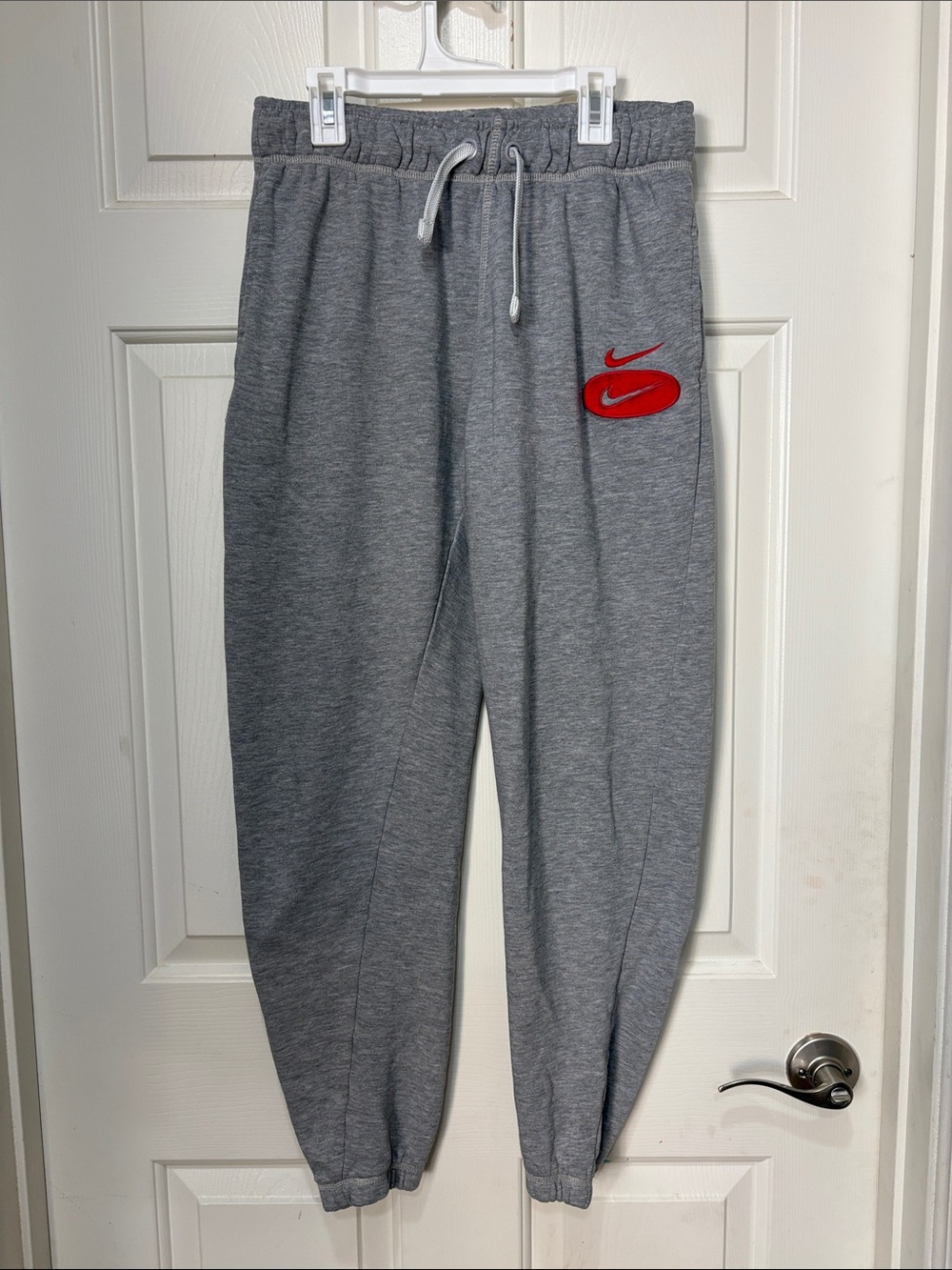 Nike Men’s Gray Jogger Sweatpants with Red Swoosh Patch